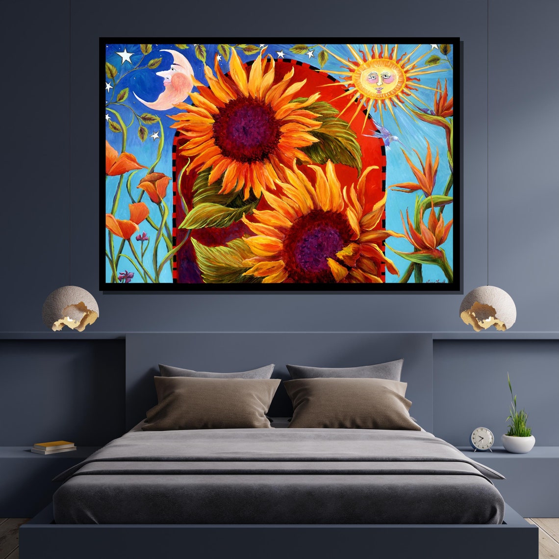 Whimsical Sunflower Folk Art Smiling Sun Moon Colorful Floral Poster
