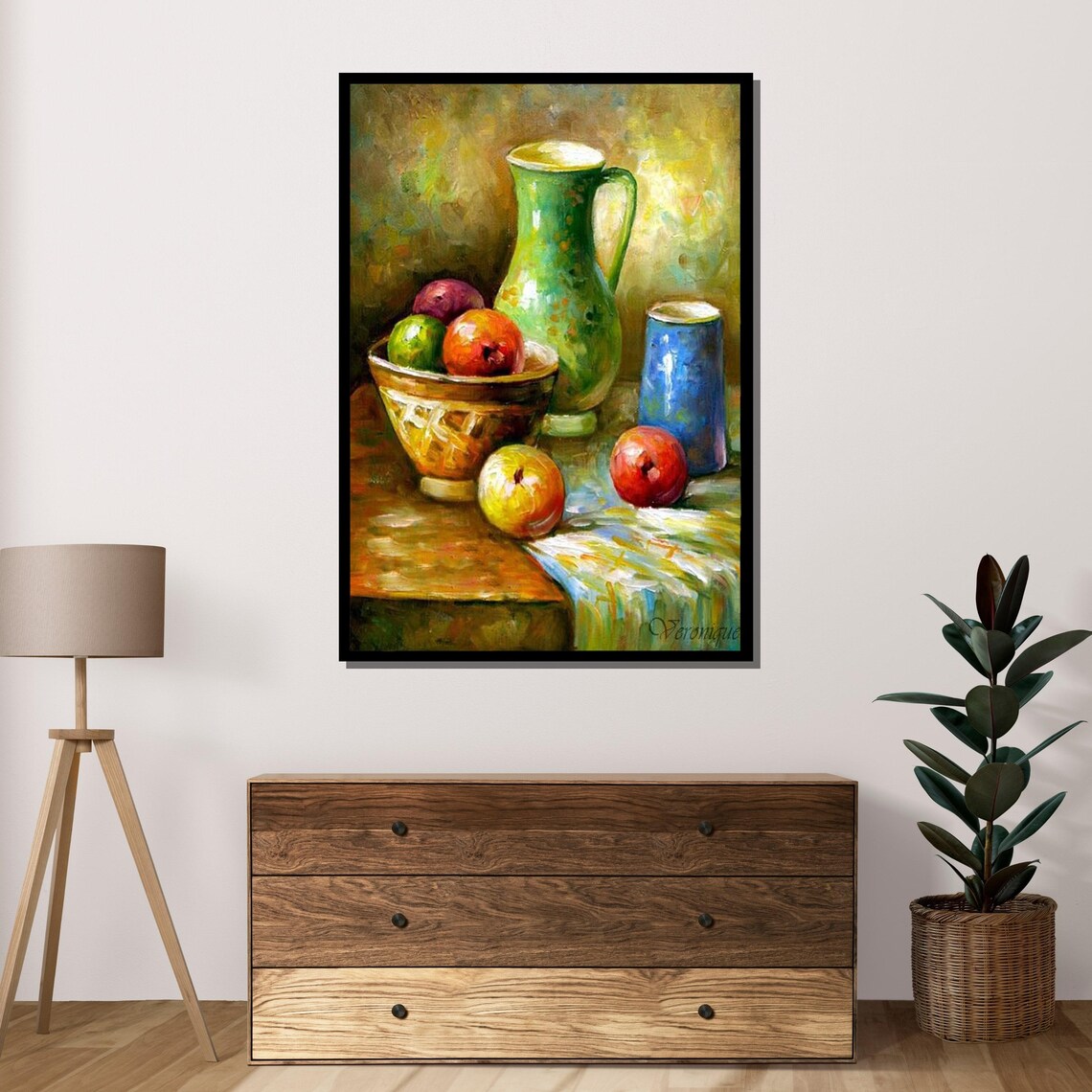 Rustic Fruit Still Life Vibrant Kitchen Art Colorful Jug And Apples Traditional Oil Painting Ready To Hang Home Decor - Image 4