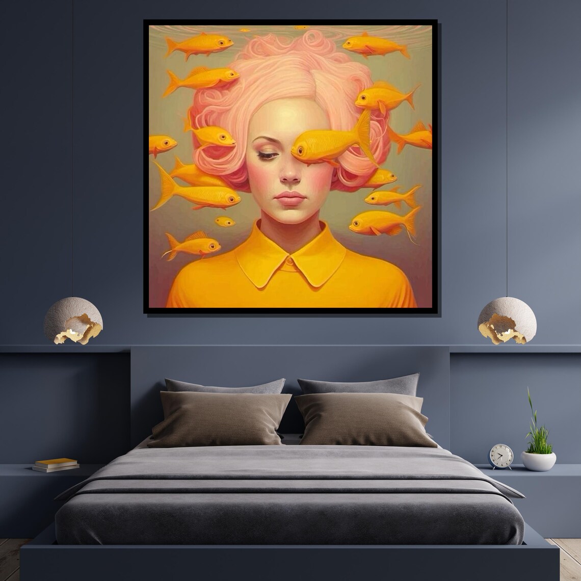 Surreal Goldfish Girl Portrait Whimsical Pink Hair Fantasy Wall Poster