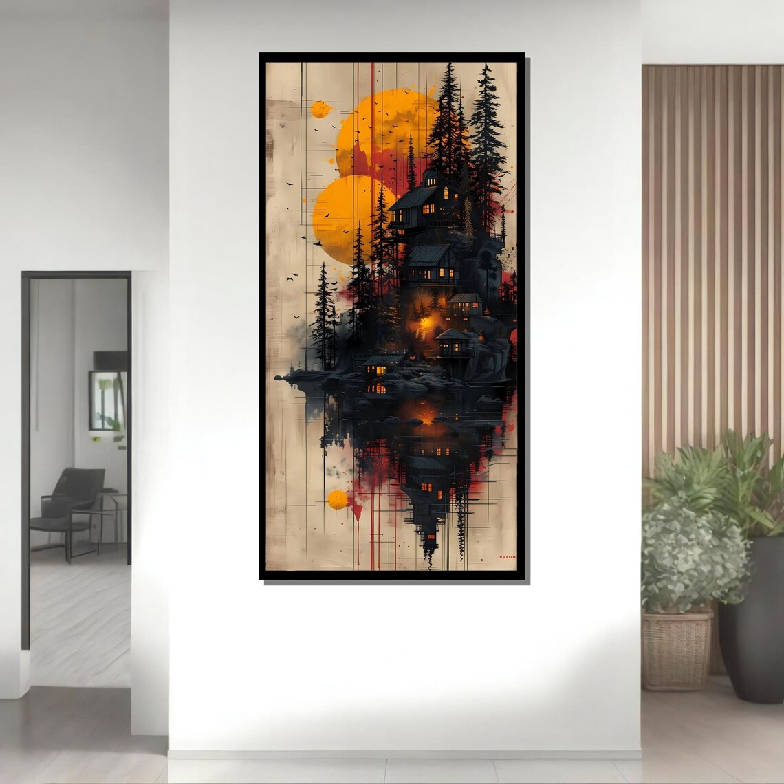 Surreal Sunset Cabin Art Forest Reflections Dreamlike Landscape Wall Decor Warm Tones Abstract Art Ready To Hang - Image 4
