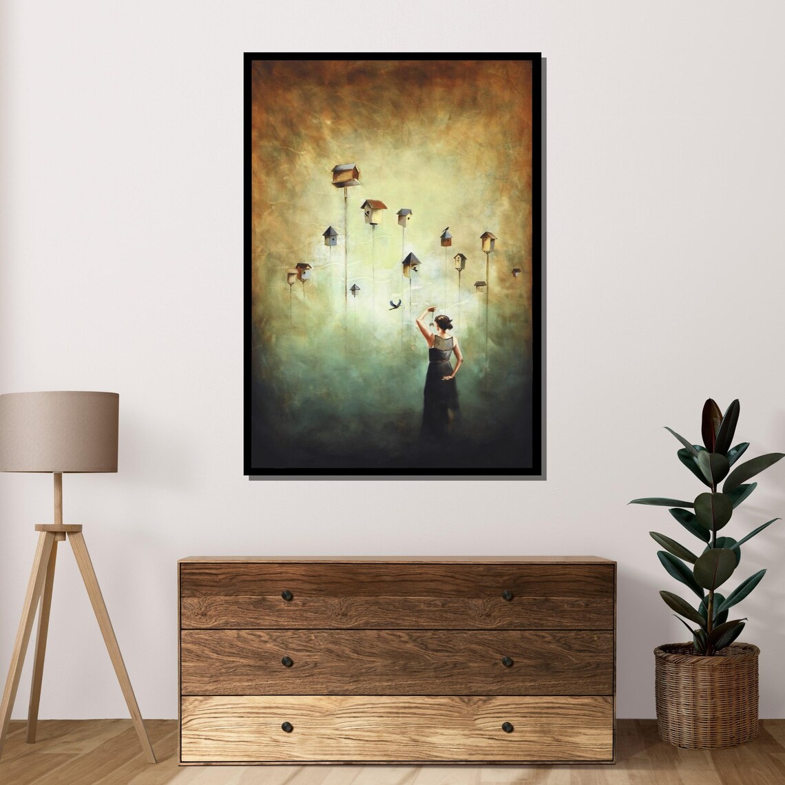 Woman Releasing Bird Among Tall Birdhouses Dreamy Misty Fantasy Wall Art - Image 4