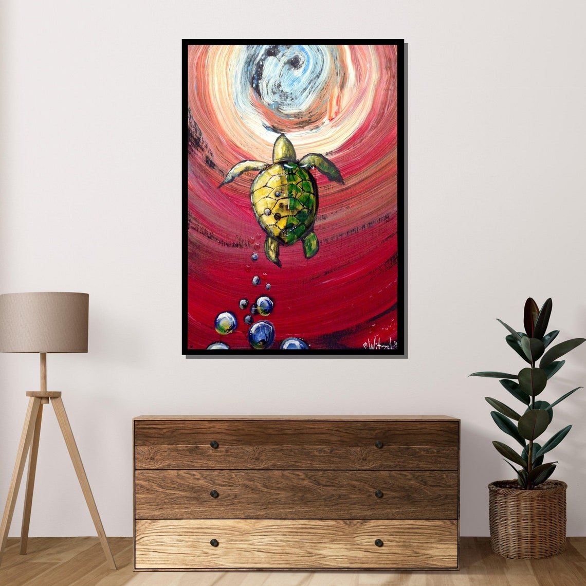 Sea Turtle Swimming Swirling Red Ocean Whirlpool Colorful Art Poster - Image 4