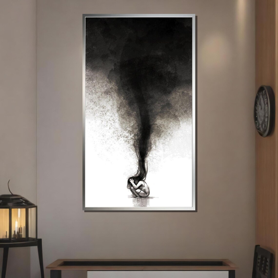 Inner Storm Grayscale Woman Crouched Under Dark Cloud Ink Wash Poster - Image 3