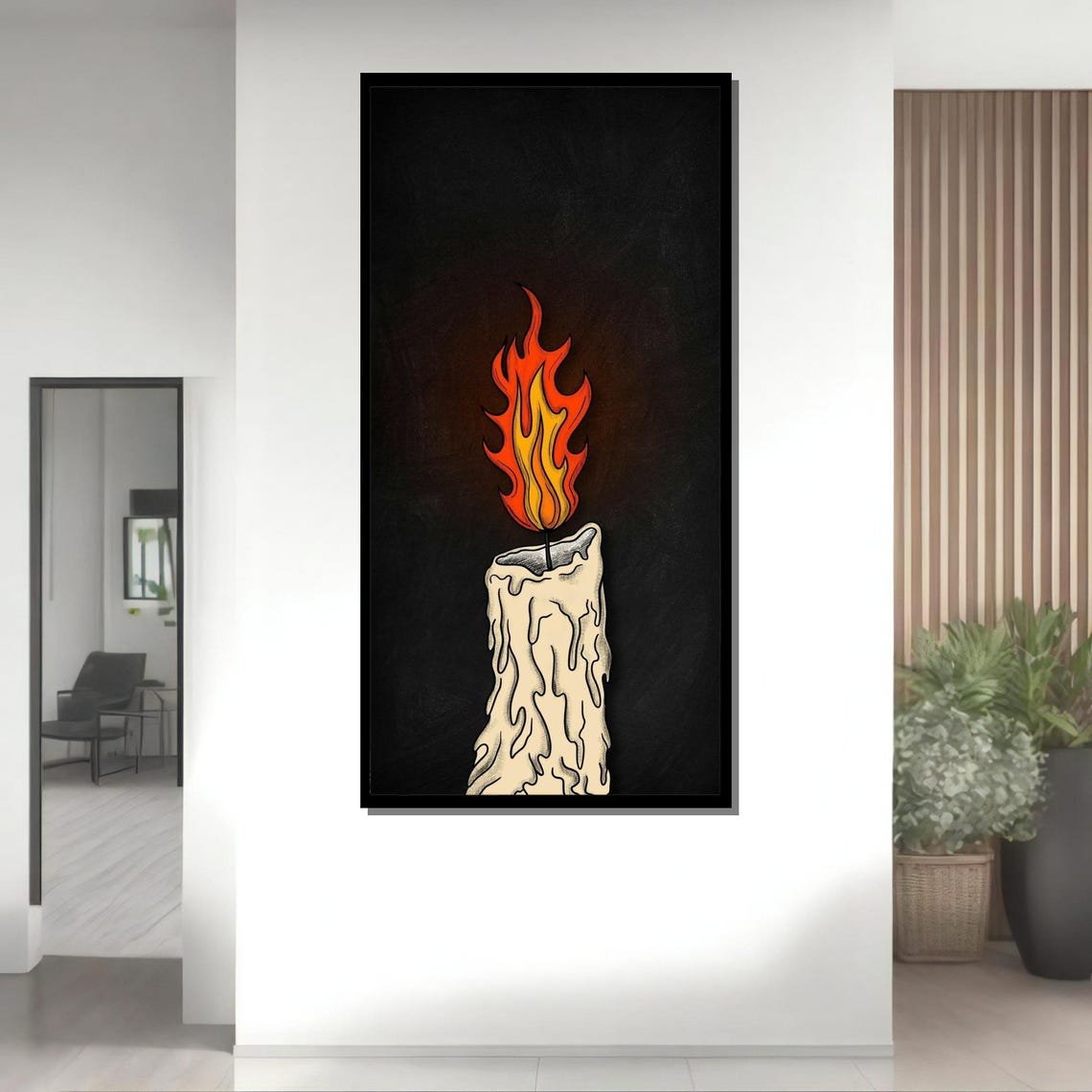Burning Candle Dripping Wax Stylized Flame Dark Background Art Print
