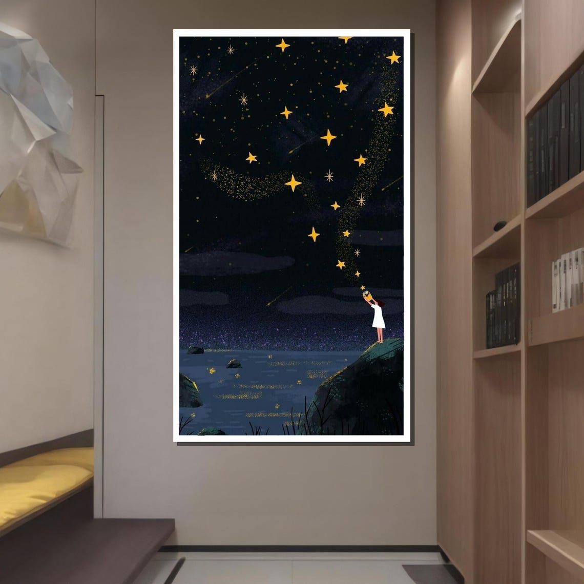 Starry Night Girl Pouring Stars Magic Night Sky Whimsical Art Poster - Image 2