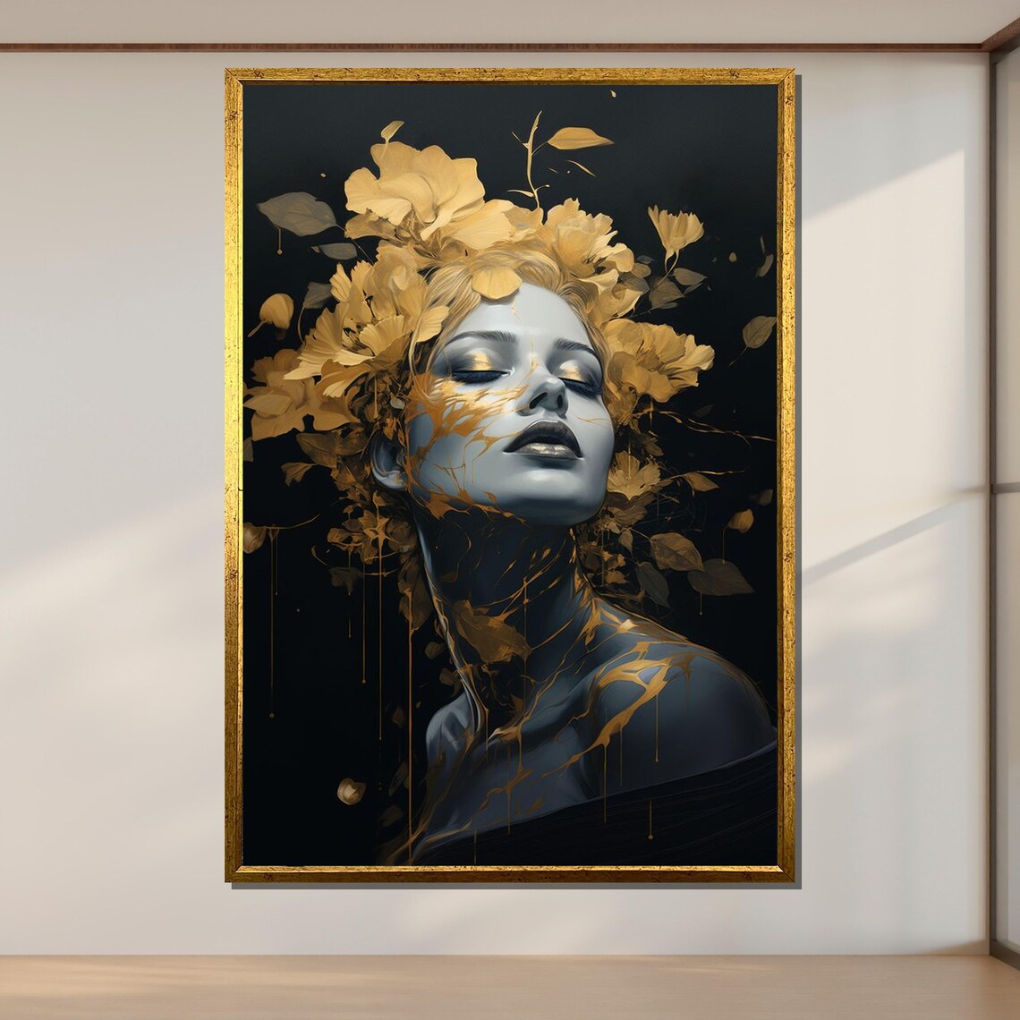 Golden Floral Goddess Black And Gold Elegant Portrait Art Poster - Image 2