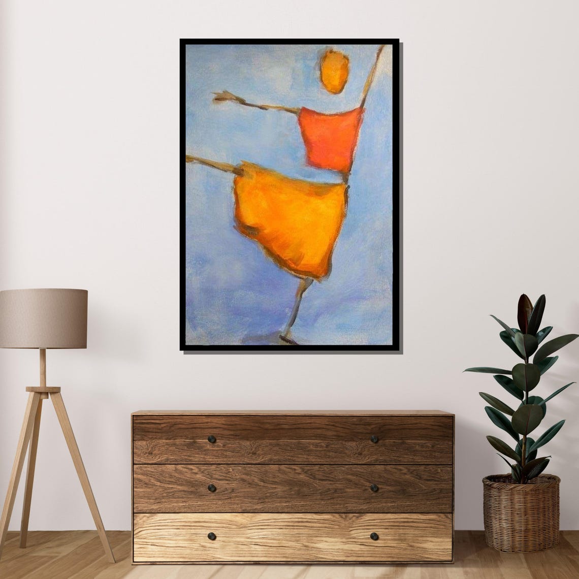 Joyful Abstract Dancer Orange Skirt Minimalist Blue Painting Print - Image 4