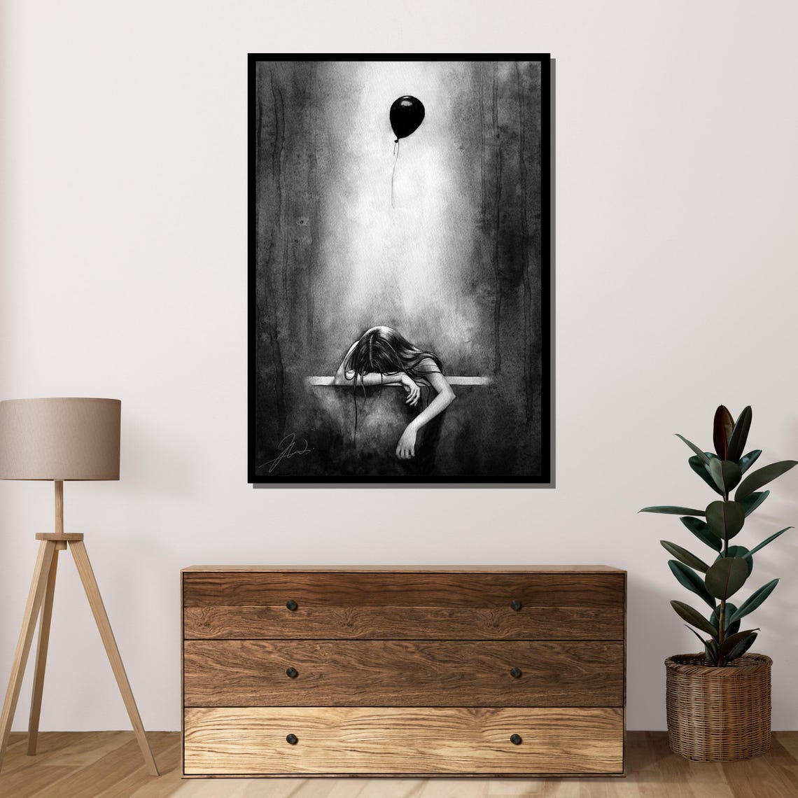 Melancholy Girl Black Balloon Lonely Figure Dark Forest Art Print - Image 4