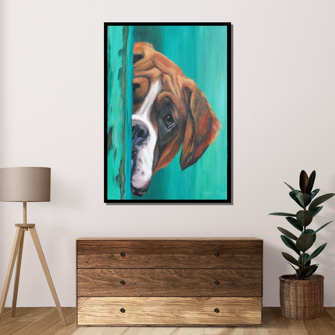 Curious Boxer Dog Peeking Around Door Playful Pet Portrait Art Poster - Image 4