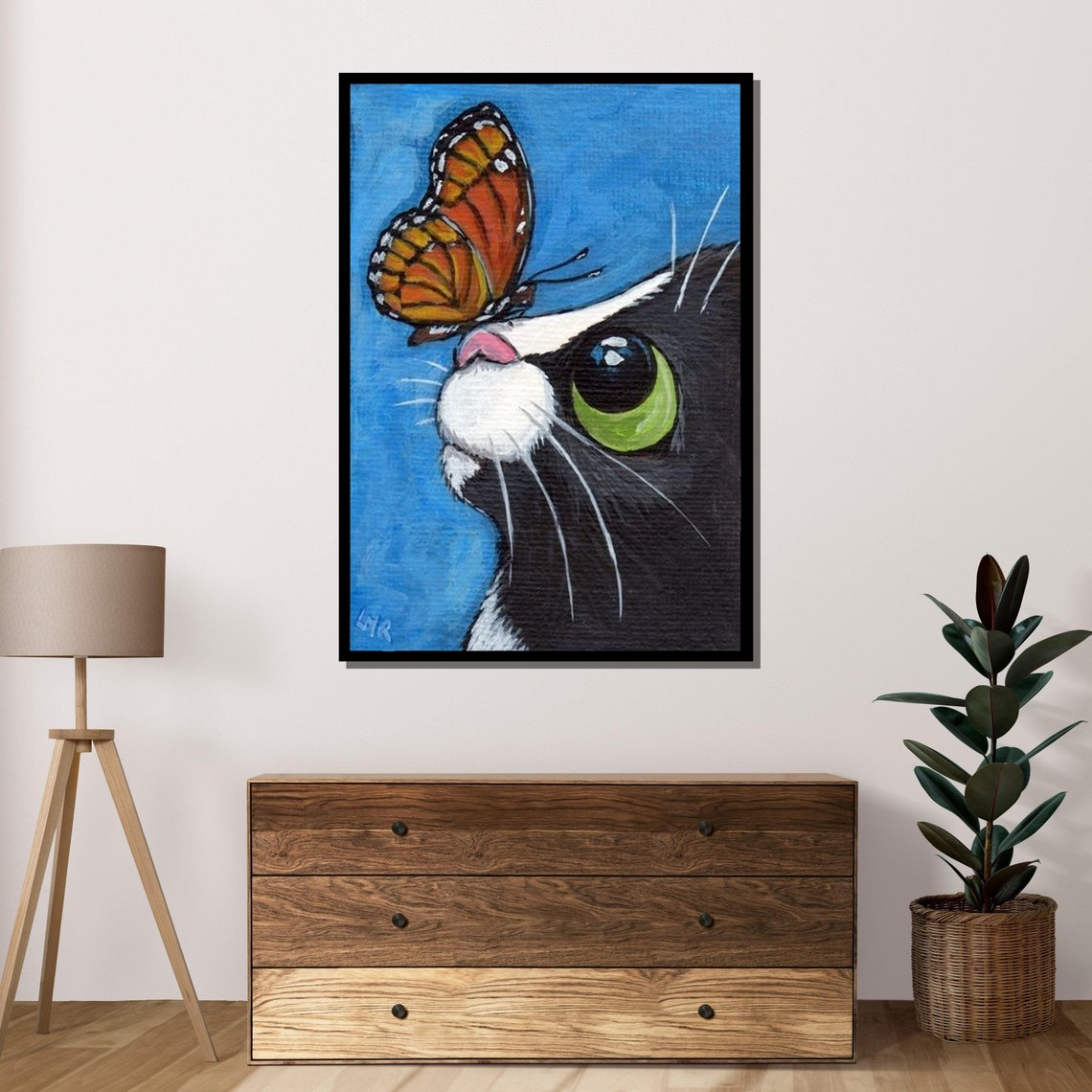 Curious Black Cat With Butterfly Whimsical Animal Portrait Poster - Image 4