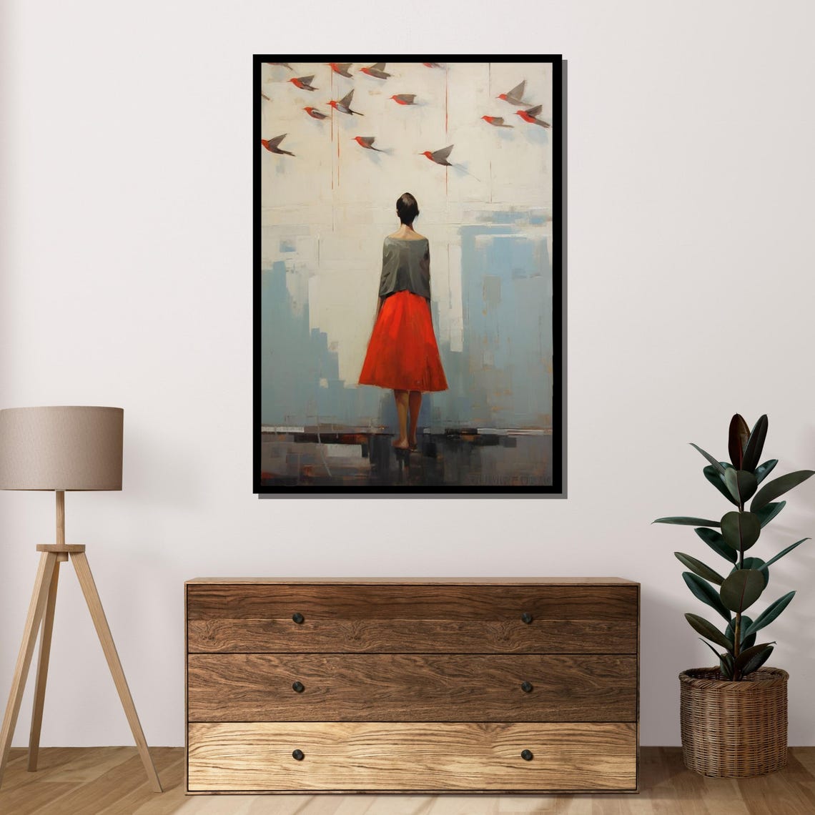 Woman In Red Skirt With Birds Minimalist Figurative City Art Poster - Image 4