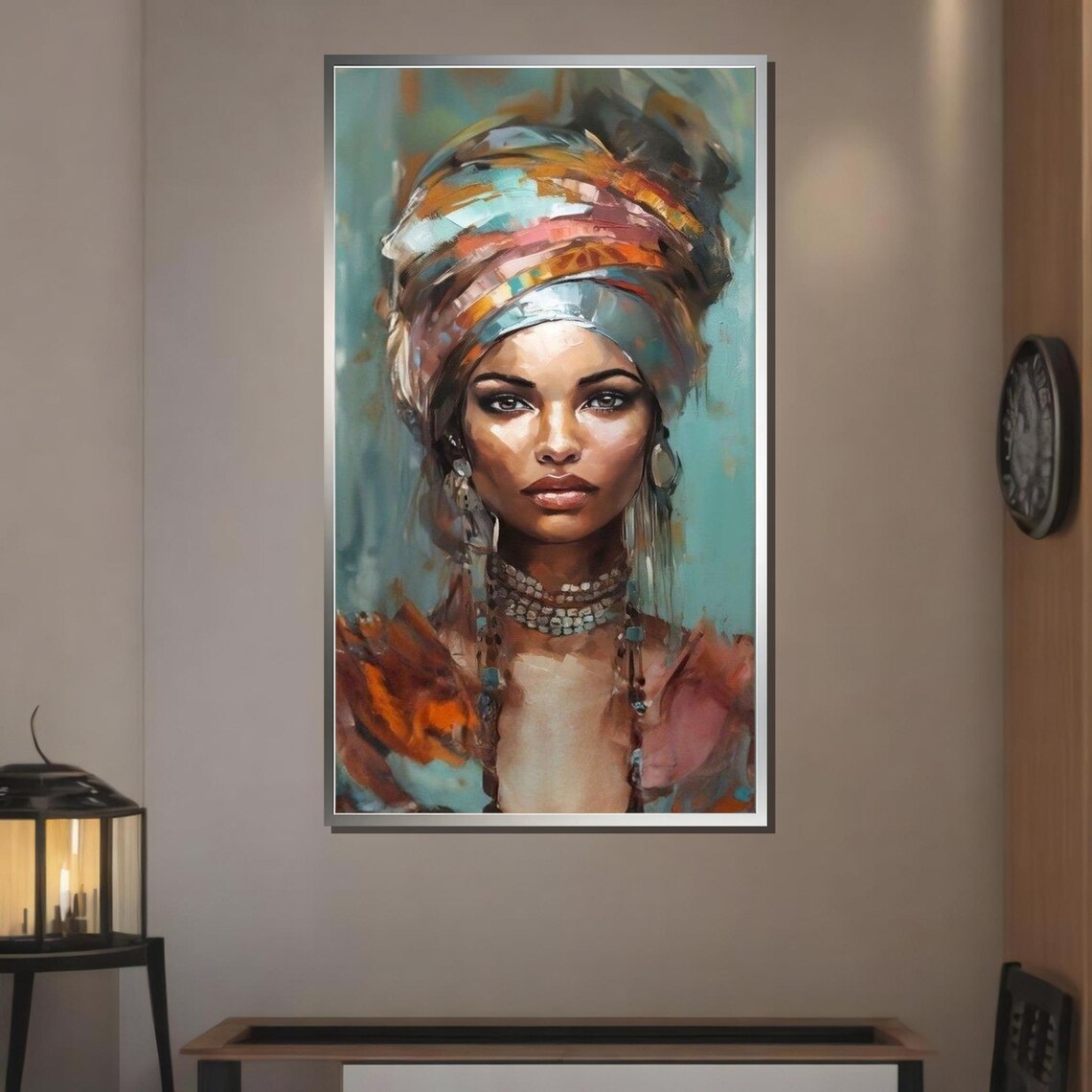 Regal African Woman Portrait Ethnic Beauty Colorful Headwrap Art Afrocentric Wall Decor Ready To Hang - Image 3