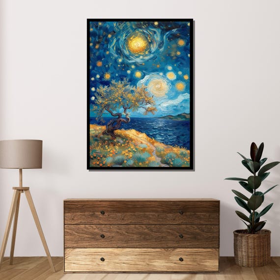 Starry Night Landscape Van Gogh Inspired Night Sky Art Starry Sky Painting Ready To Hang Wall Decor