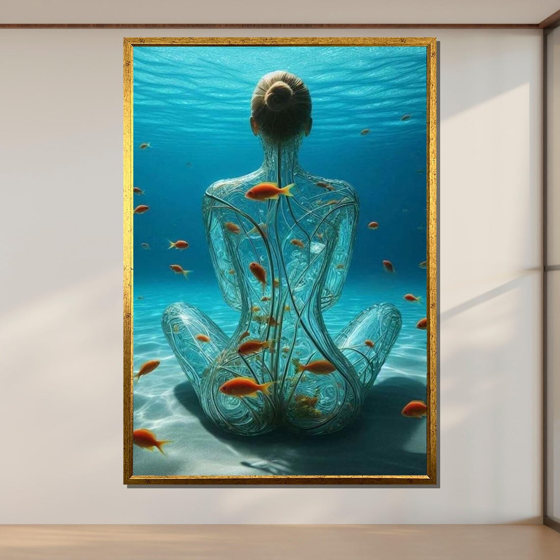 Underwater Serenity Glass Woman Meditating With Goldfish Ocean Poster - Image 2