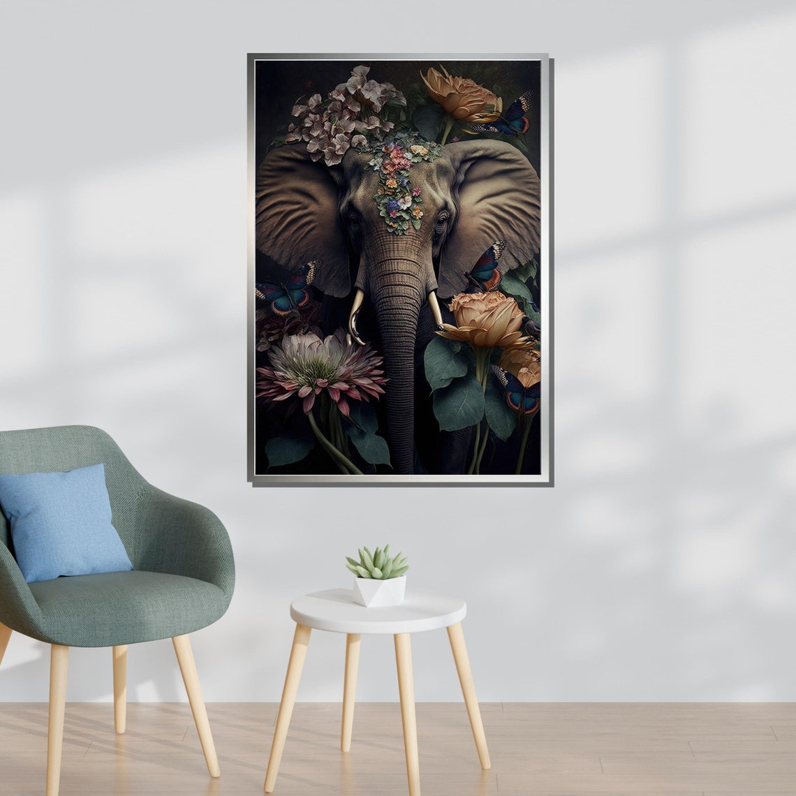 Floral Elephant Portrait Dark Botanical Wildlife Wall Art Poster - Image 3