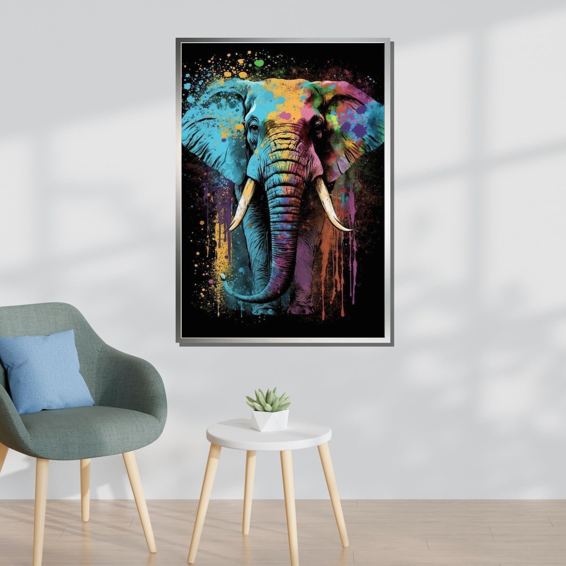 Colorful Elephant Head Paint Splatter Abstract Black Art Wall Poster - Image 3