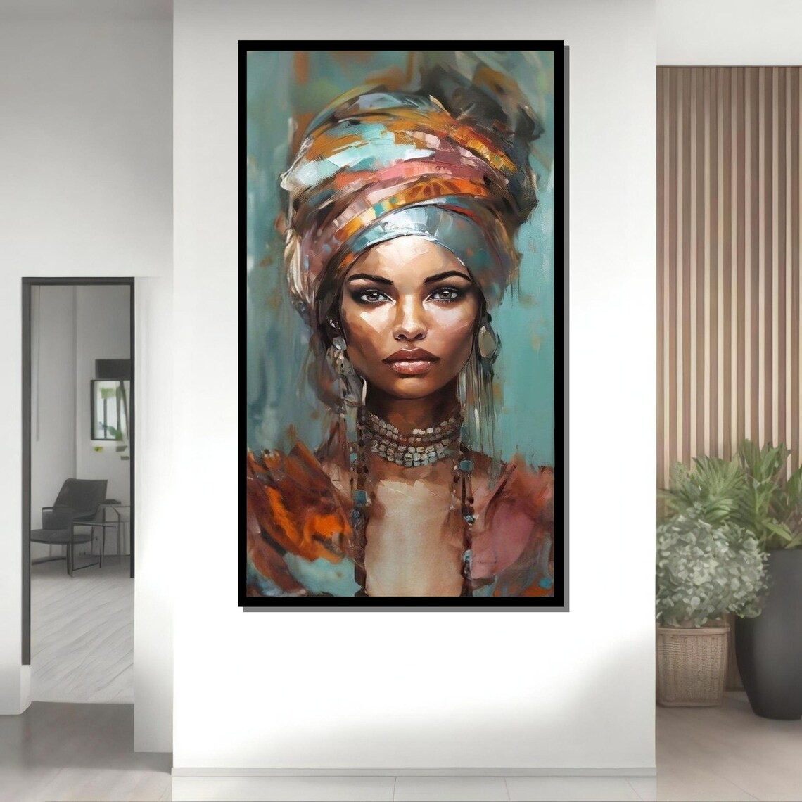 Regal African Woman Portrait Ethnic Beauty Colorful Headwrap Art Afrocentric Wall Decor Ready To Hang - Image 4