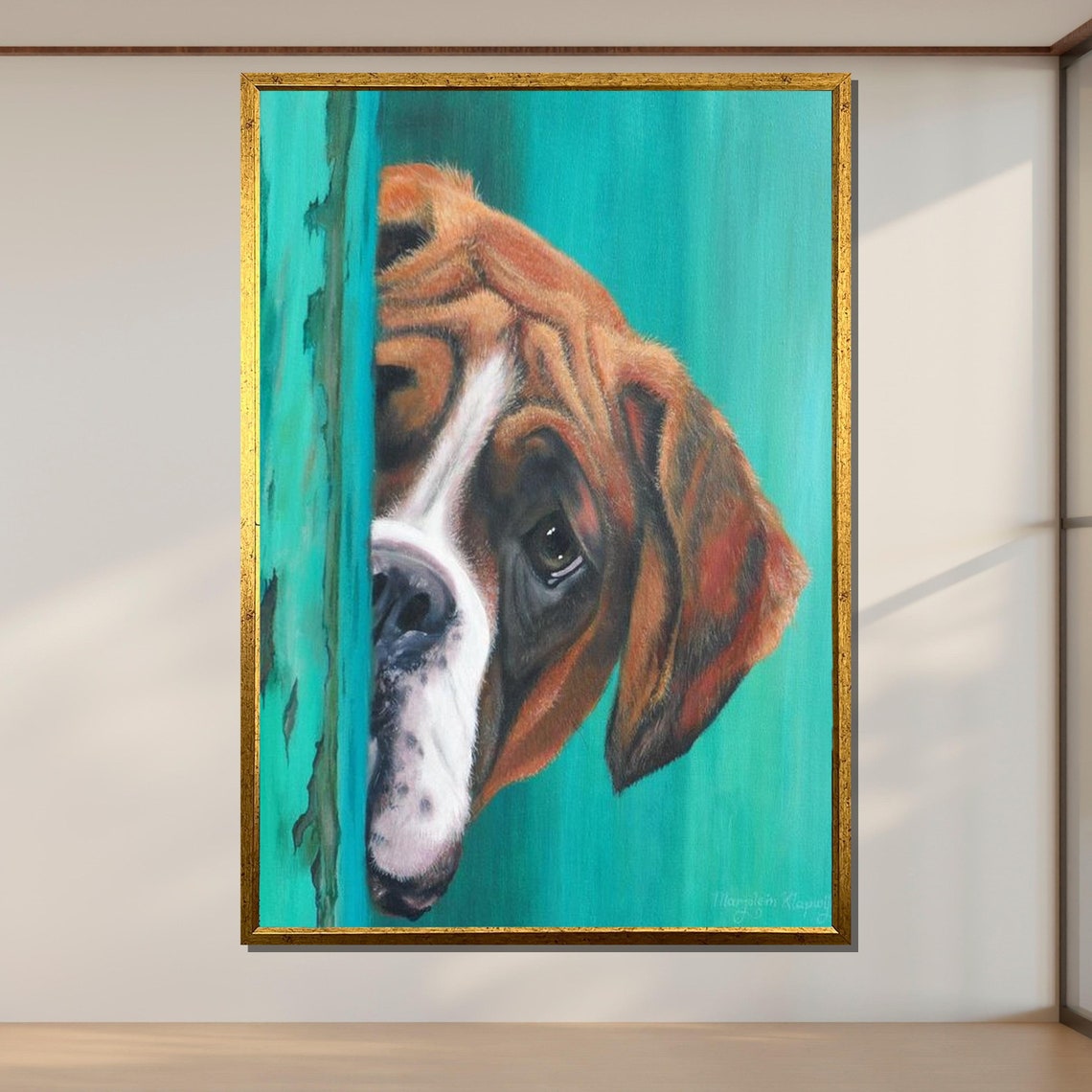 Curious Boxer Dog Peeking Around Door Playful Pet Portrait Art Poster