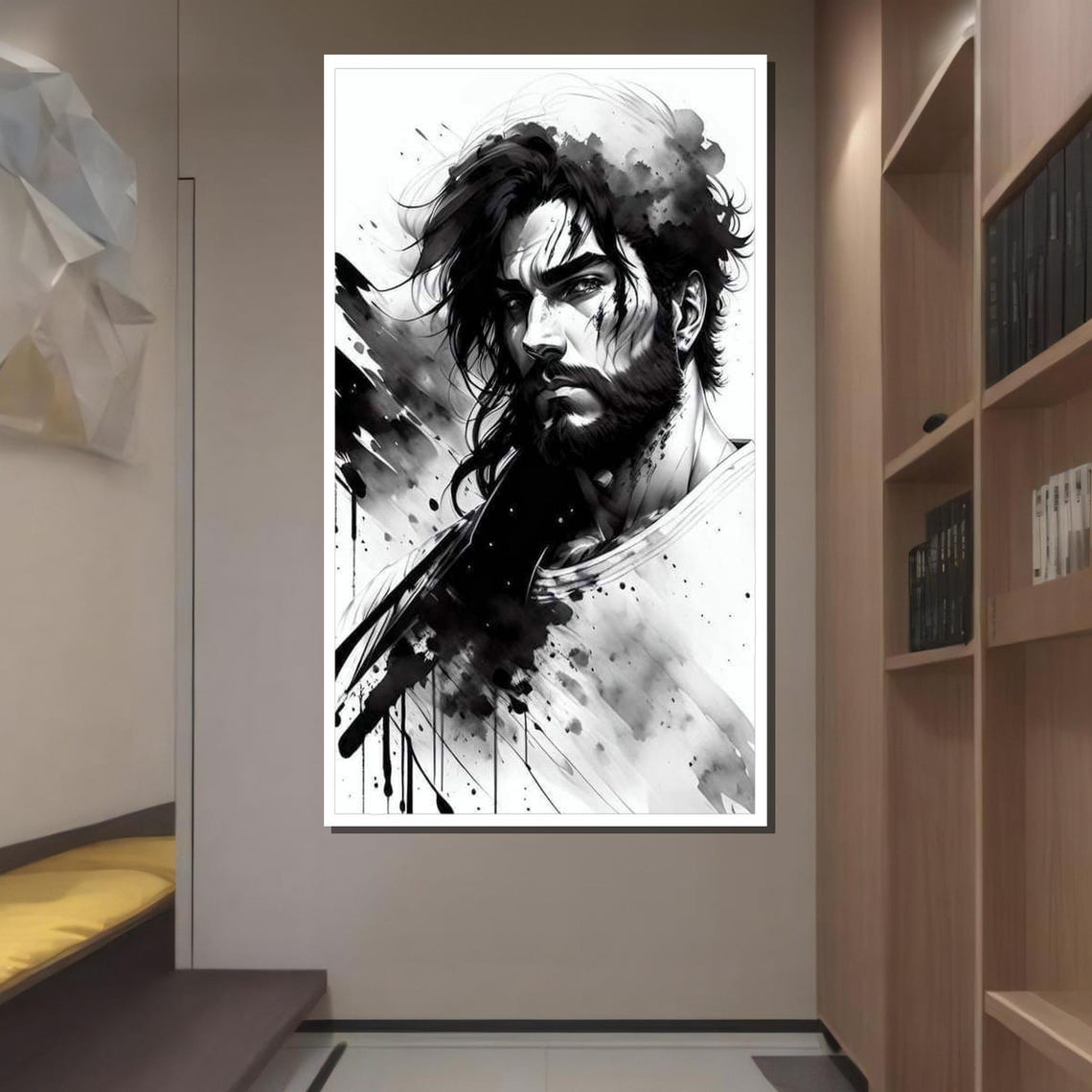 Intense Warrior Portrait Art Black And White Bold Male Figure Print Dramatic Wall Decor Ready To Hang Artwork - Image 4