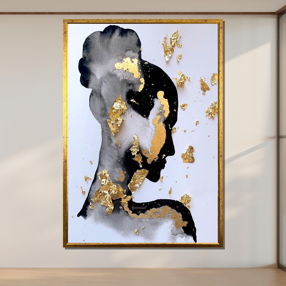 Golden Silhouette Woman Profile Gold Leaf Black Watercolor Art Poster