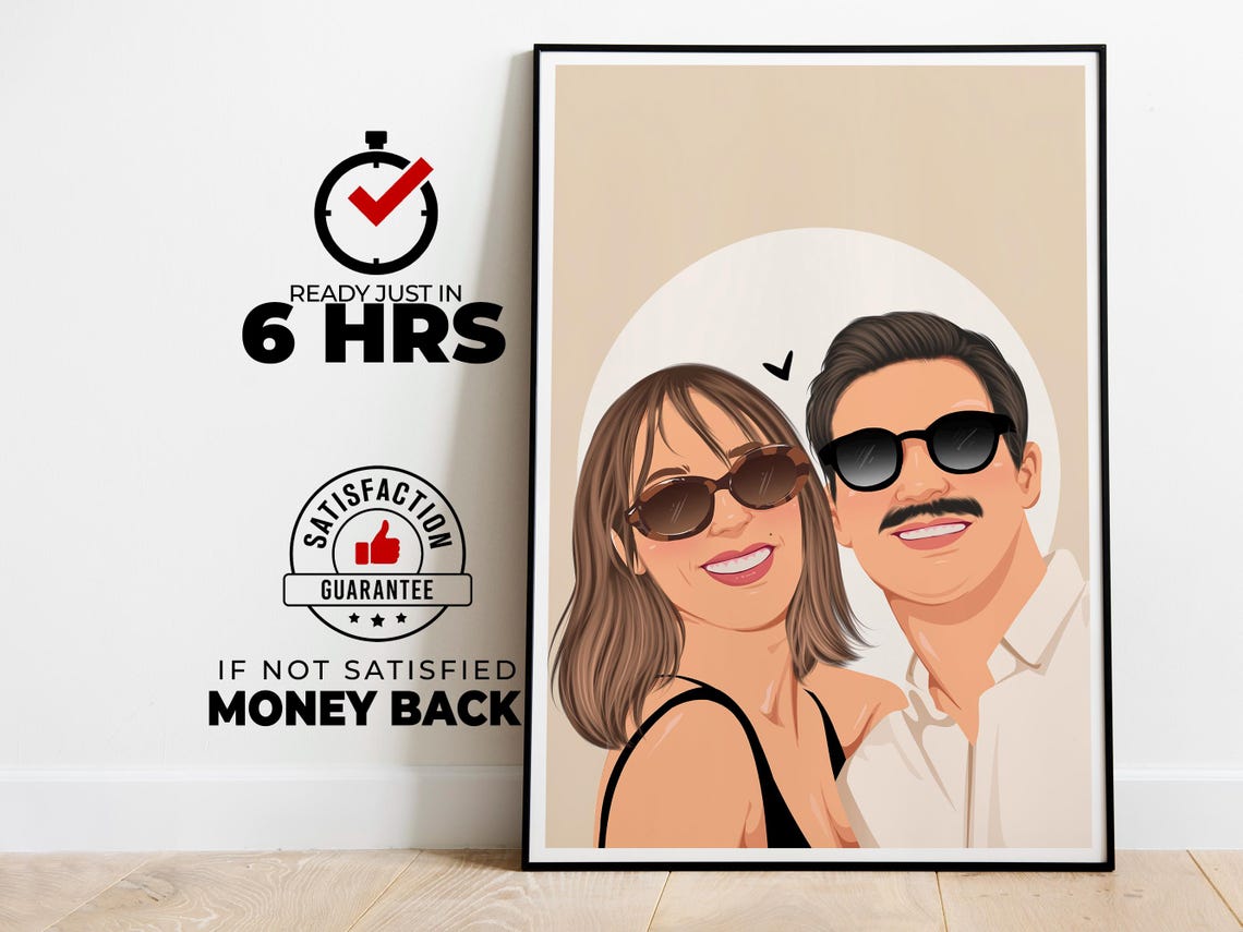 Custom Smiling Couple Portrait With Sunglasses and Heart Poster