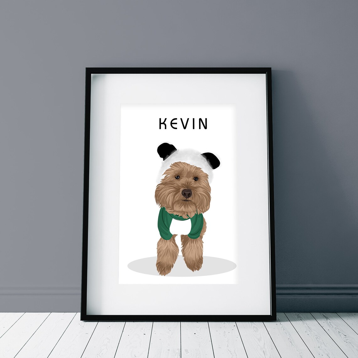 Kevin the Dog in Panda Hat and Green Sweater Cute Pet Portrait Poster