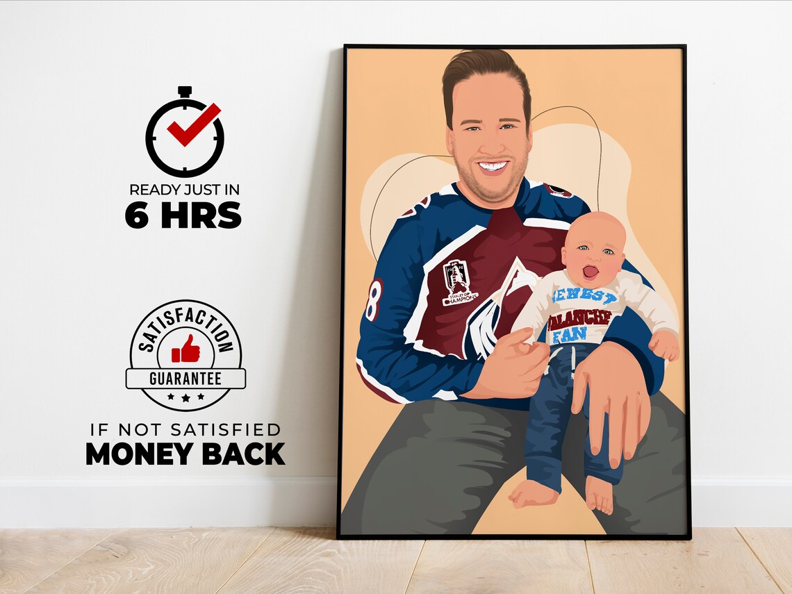 Custom Hockey Dad and Baby Portrait With Avalanche Fan Jersey Poster