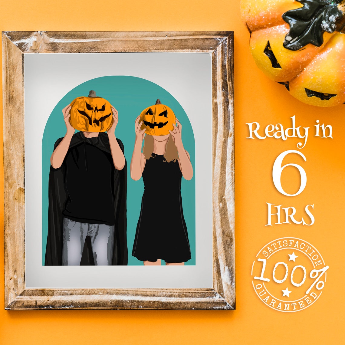 Halloween Couple with Jack-O-Lantern Heads Flat Illustration Poster