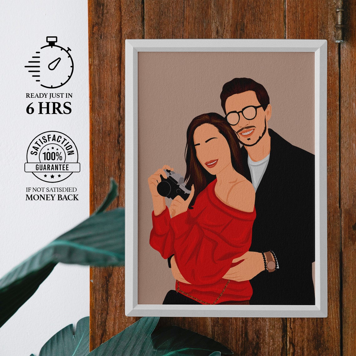 Couple with Camera Woman in Red Top Flat Illustration Portrait Poster