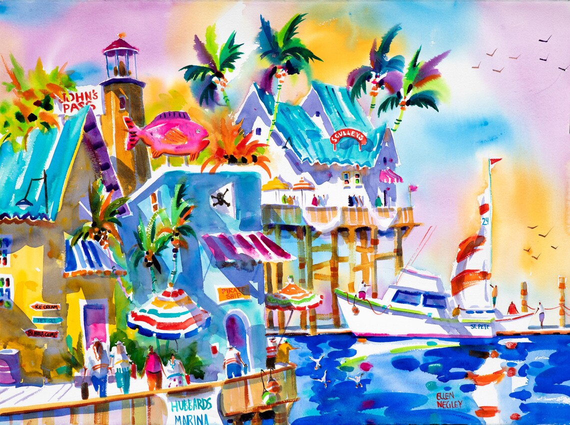 Johns Pass Watercolor Art Print, St Pete Florida