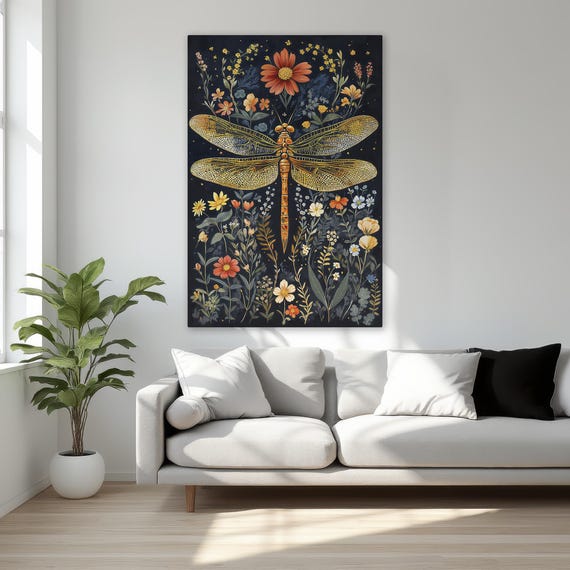 Dragonfly and Fantasy Floral Art Print, Nature Decor