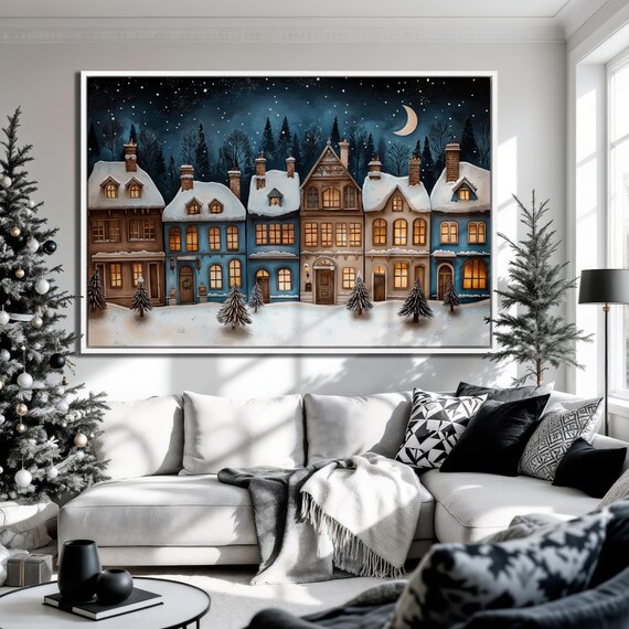 Snowy Winter Night Village Glowing Houses Blue Moonlit Art Poster