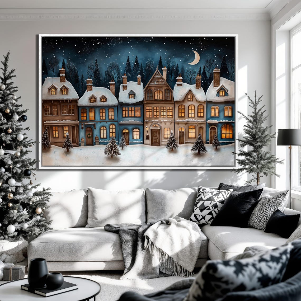 Snowy Winter Night Village Glowing Houses Blue Moonlit Art Poster