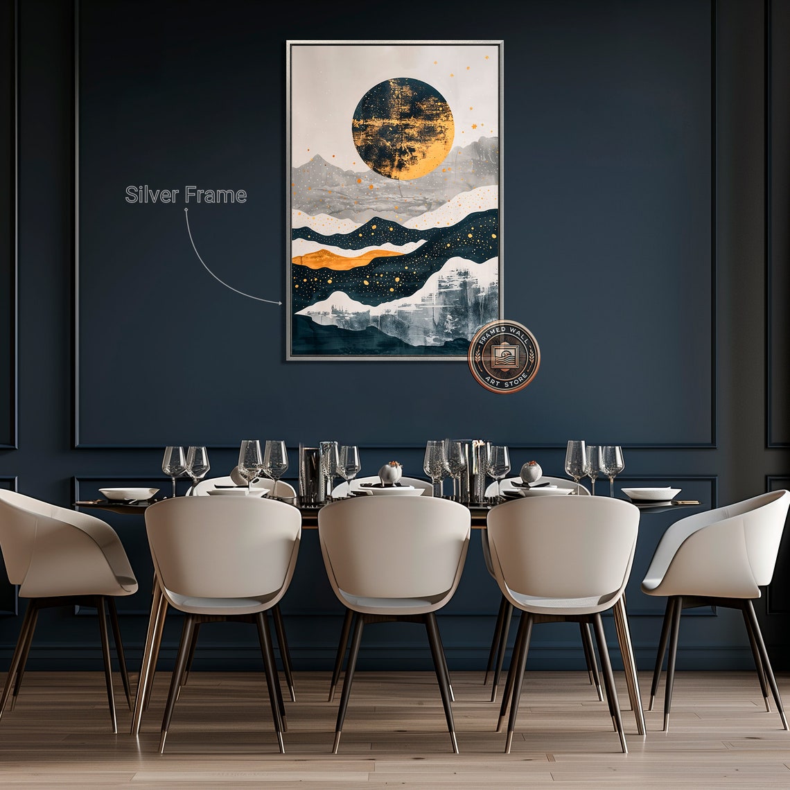 Golden Full Moon Over Layered Midnight Mountains Abstract Poster - Image 3