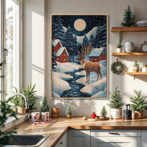 Winter Stag By Moonlit Stream Night Forest Deer Scene Poster
