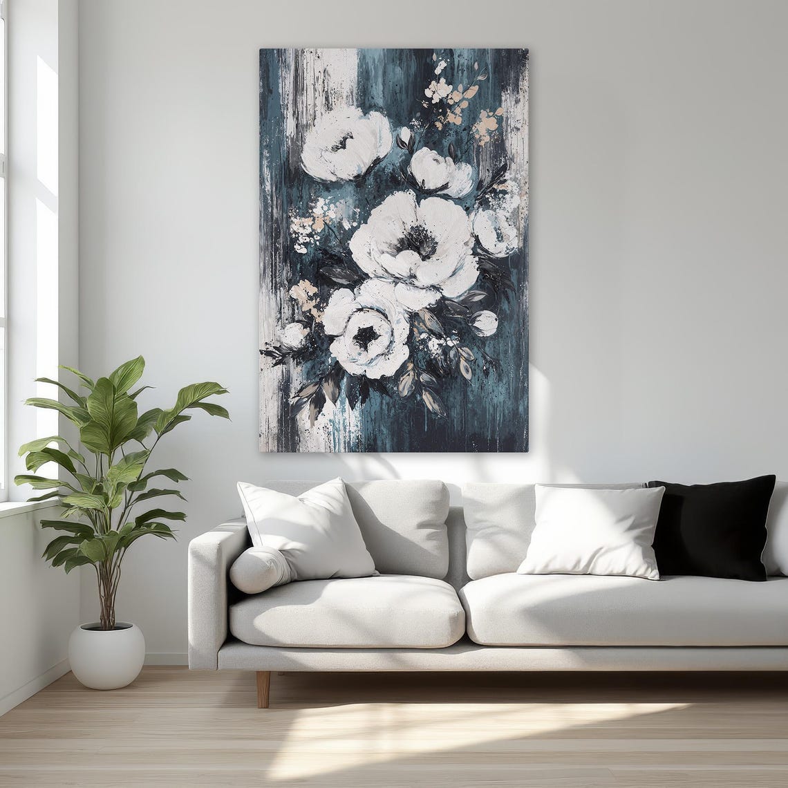 White Flowers Blue Abstract Botanical Expressive Canvas Poster