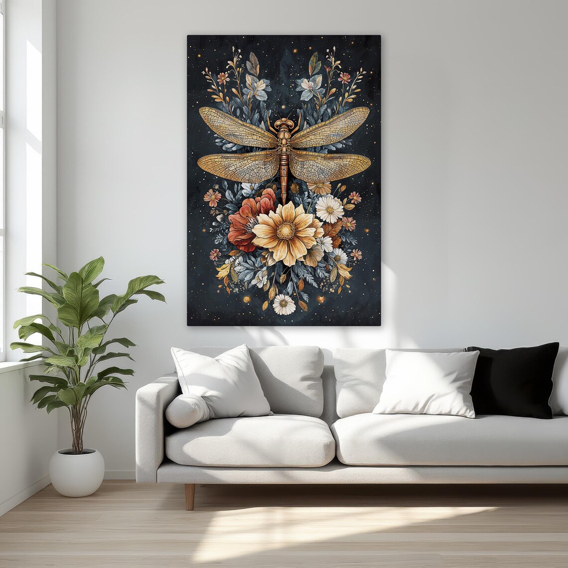 Golden Dragonfly Over Wildflowers on Starry Night Botanical Poster
