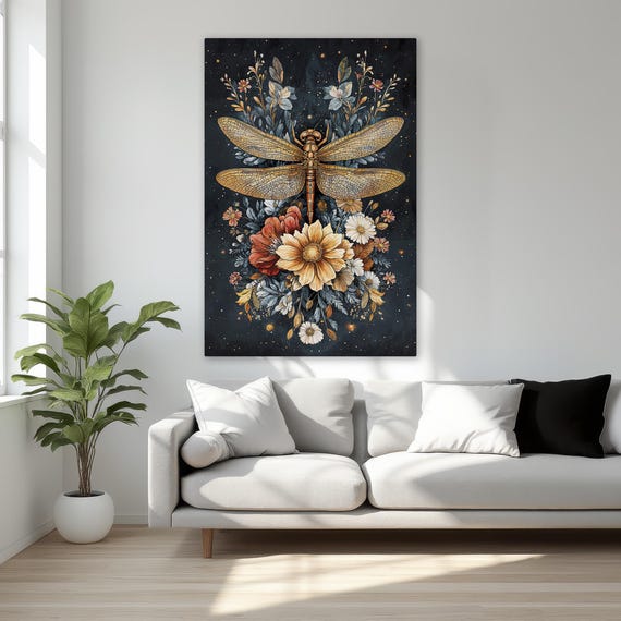 Elegant Dragonfly Boho Floral Framed Canvas Print Enchanted Flowers Wall Art Botanical Decor For Living Room Ready To Hang