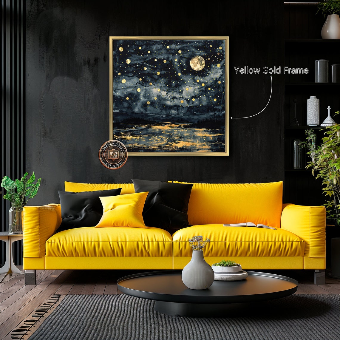 Golden Moonlit Night Sky Stars Celestial Lake Mystical Art Poster - Image 5