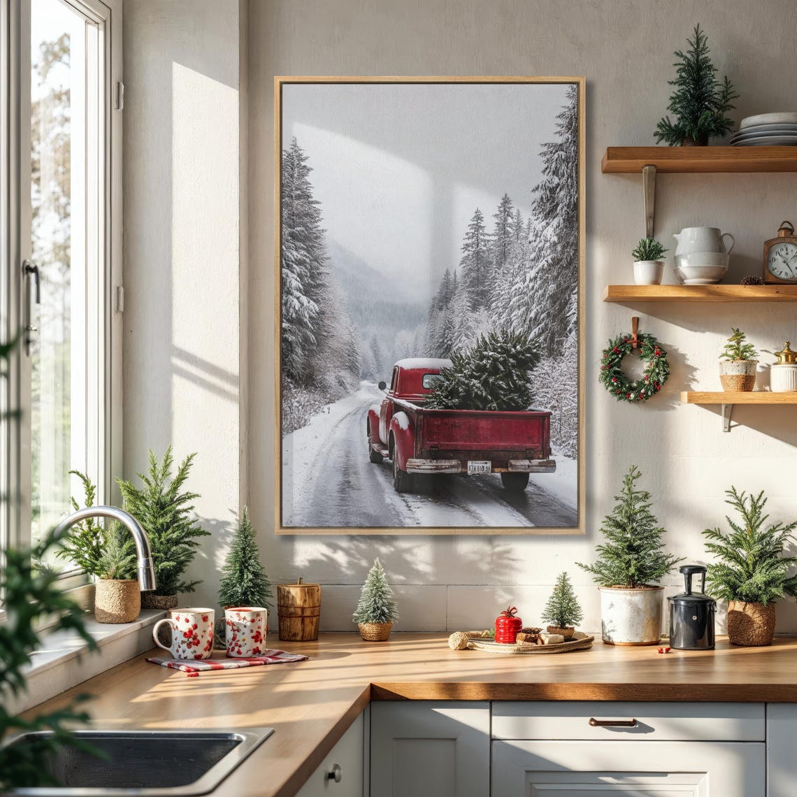 Vintage Red Truck Carrying Christmas Tree Snowy Road Art Poster