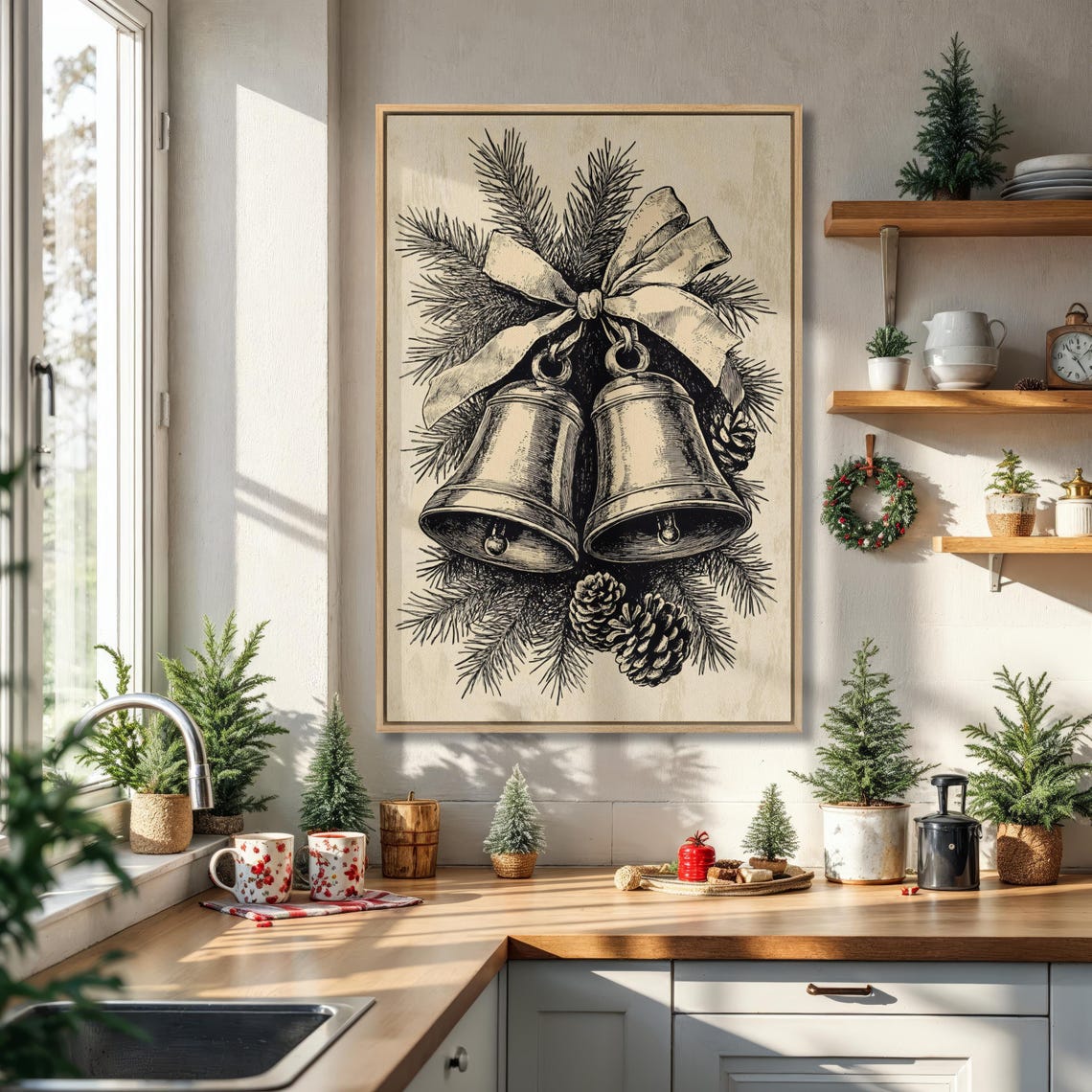 Vintage Jingle Bells Pinecones Engraving Christmas Holiday Poster
