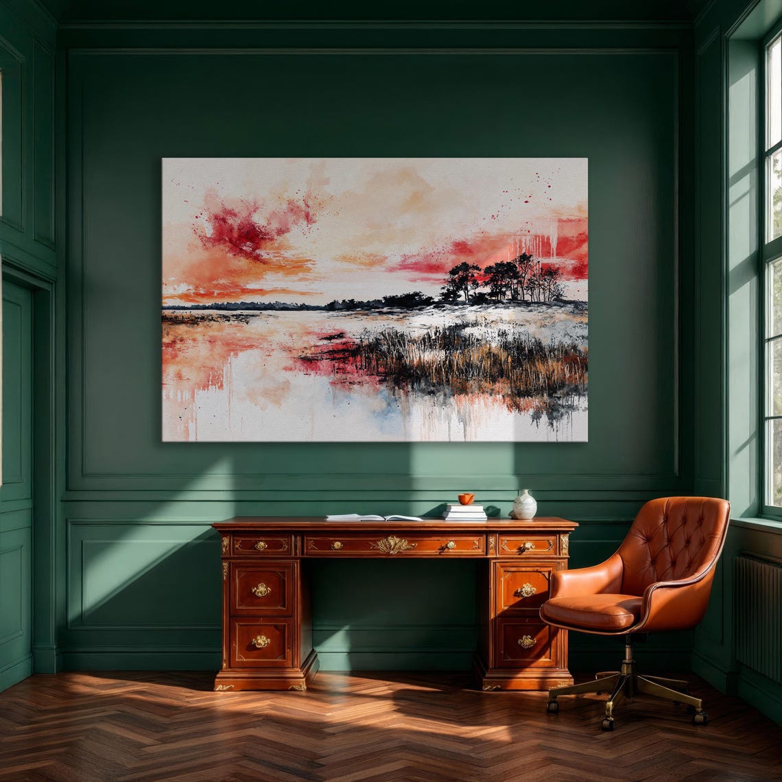 Fiery Red Sunset Watercolor Wetland Landscape Scenic Art Poster
