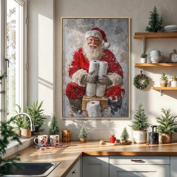 Santa Claus With Paper Towel Framed Canvas Wall Art Funny Painting Print Whimsical Christmas Decor Festive Poster Ready To Hang Gift