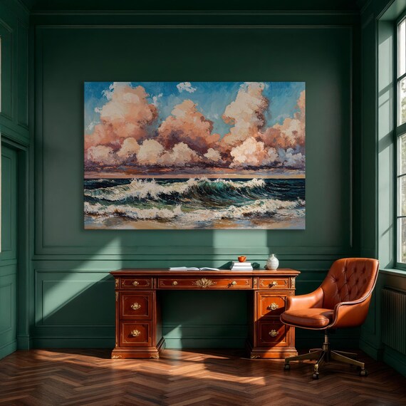 Stormy Sunset Waves Under Pink Clouds Ocean Wave Painting Poster
