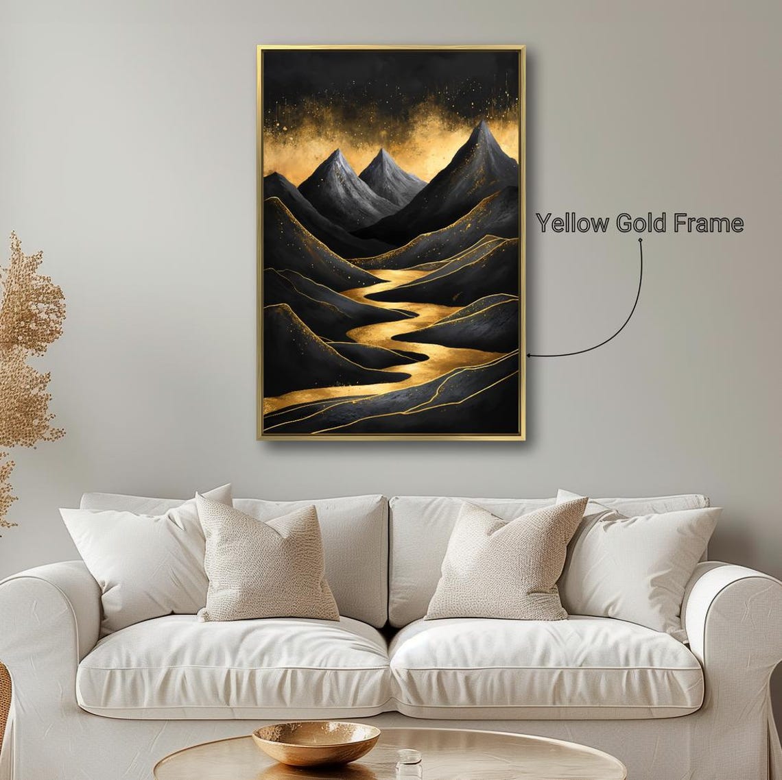 Surreal Black Gold Mountains Golden River Starry Night Abstract Poster - Image 5