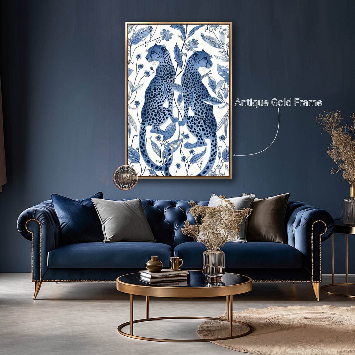 Two Blue White Cheetahs Botanical Line Drawing Animal Art Poster - Image 5
