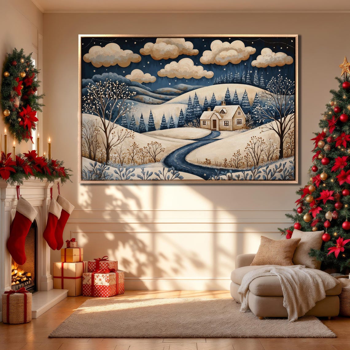 Whimsical Winter Night Snowy Cottage Starry Hills Holiday Art Poster - Image 4