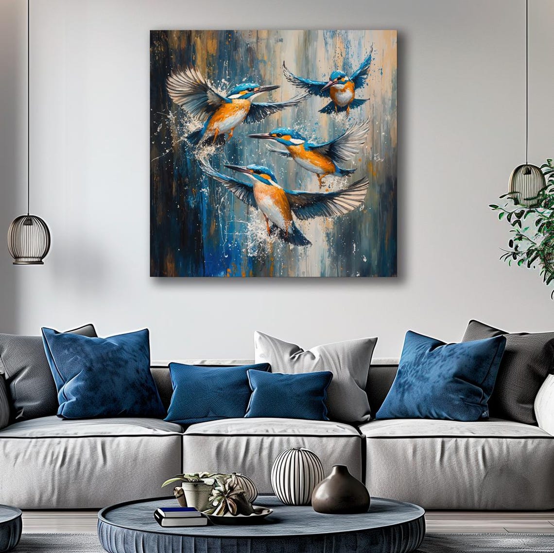 Colorful Kingfishers In Flight Over Water Splash Abstract Bird Poster - Image 2