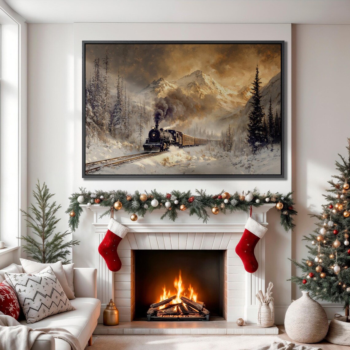 Steam Locomotive in Snowy Mountain Winter Landscape Painting Poster
