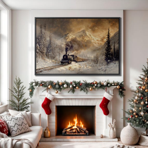 Steam Locomotive Framed Canvas Wall Art Mountain Landscape Painting Print Train On Railroad Poster Winter Trees Decor Gift Ready To Hang